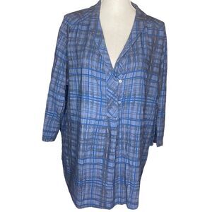 Poetry Wm’s Sz 18 Blue Grey Plaid Tartan Linen Blend Button Back Tunic Shirt